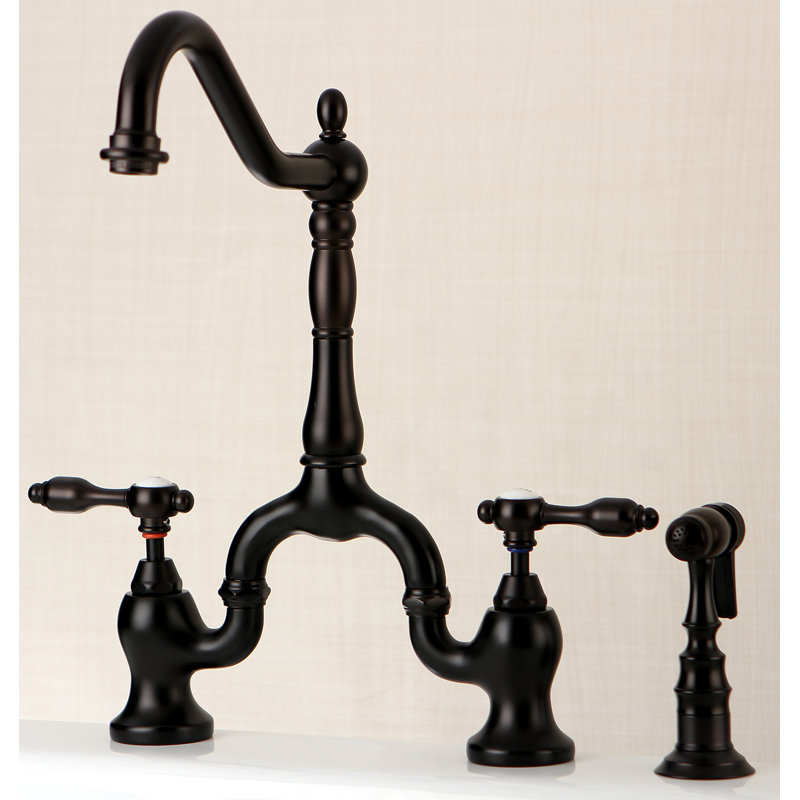 Kingston Brass Tudor Two-Handle 3-Hole Deck Mount Bridge Kitchen Faucet with Brass Side Sprayer, Oil Rubbed Bronze