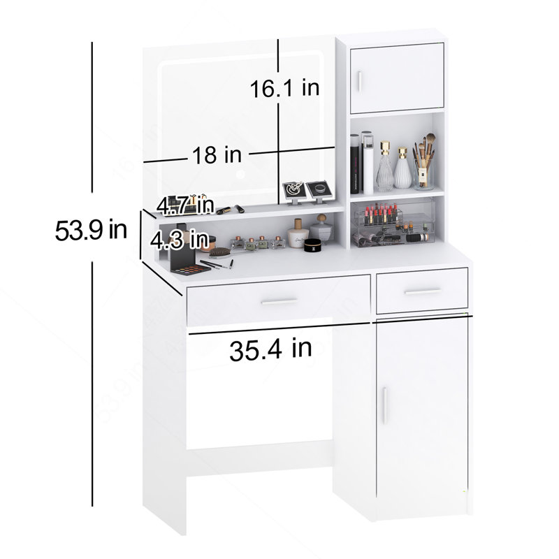 Sophisticated Vanity Desk With Multifunctional Storage And Adjustable Lighting, White