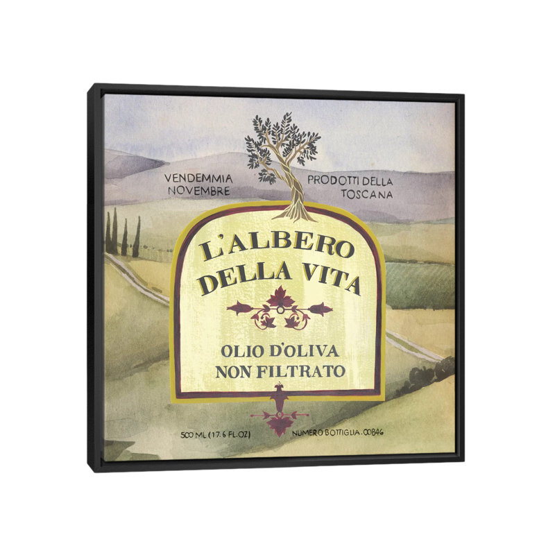 «Olive Oil Labels IV», affiche vintage sur toile, H 37 po x l 37 po x P 1,5 po, Toile avec cadre noir, Pas de tapis