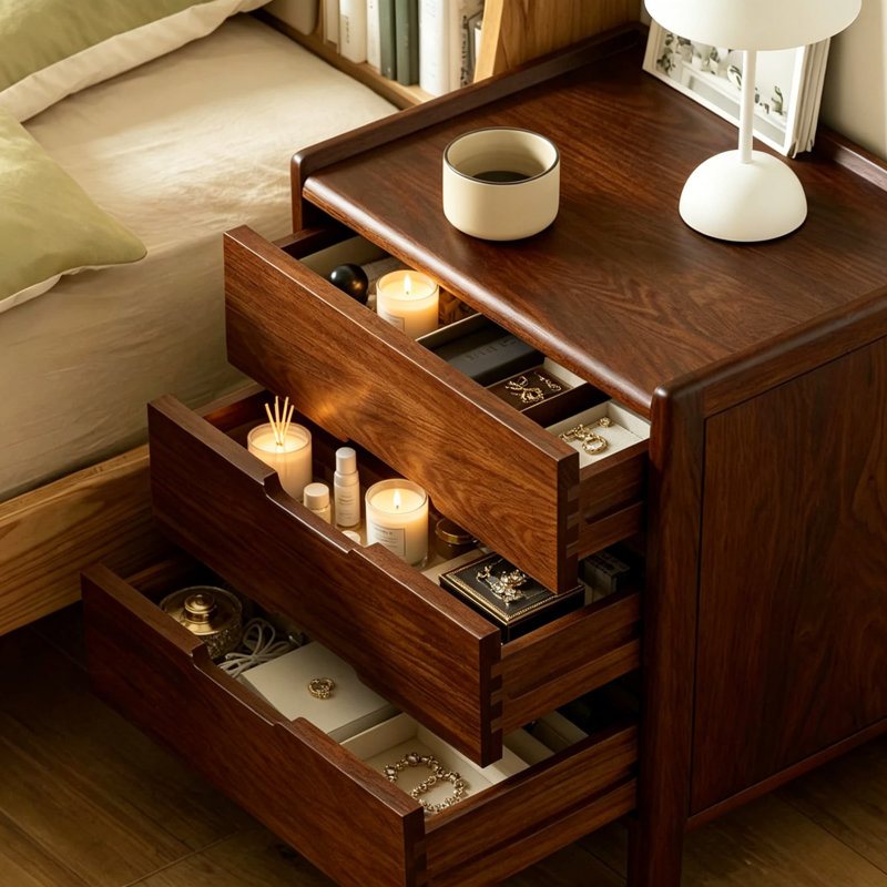 Table de chevet en bois massif avec 3 tiroirs, table de bout moderne Mid-Century, petite table de chevet pour la chambre à coucher, table d'appoint compacte pour petits espaces, l 15,75 po x P 13,78 po x H 21,65 po, noyer