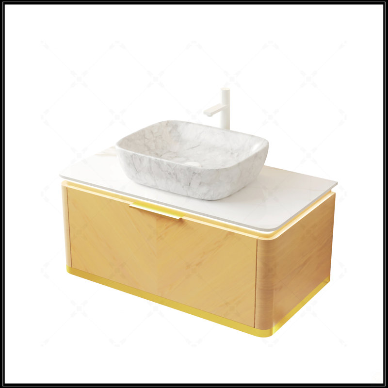 Meuble-lavabo de salle de bain avec rangement flottant, tiroir en sergé, lumière à capteur, lavabo à motif de marbre et plateau en pierre frittée, grain de bois de chêne Corolla