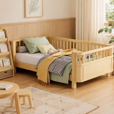 Lit plateforme simple en bois pour enfants, lit simple en bois à profil bas avec rails pour filles et garçons, naturel (conception brevetée)