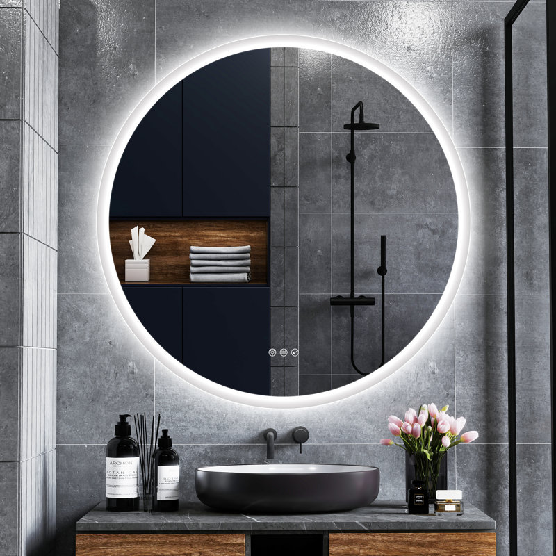 Miroir de salle de bain à DEL rond avec fonction anti-buée à intensité variable Bluetooth, 43,2 po x 42,6 po