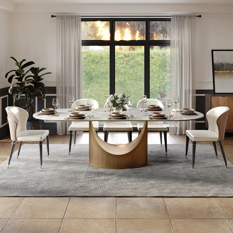 Modern Minimalist Oval Dining Table with Sintered Stone Tabletop & U-Shaped Leg for 6 to 8, Perfect for Kitchen and Living Room