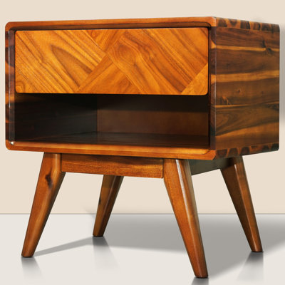 Laden Solid Acacia Wood Nightstand, Bedside Table With Drawer & Open Shelf, Mid-Century Art Deco End Table, Scratch & Water-Resistant by George Oliver