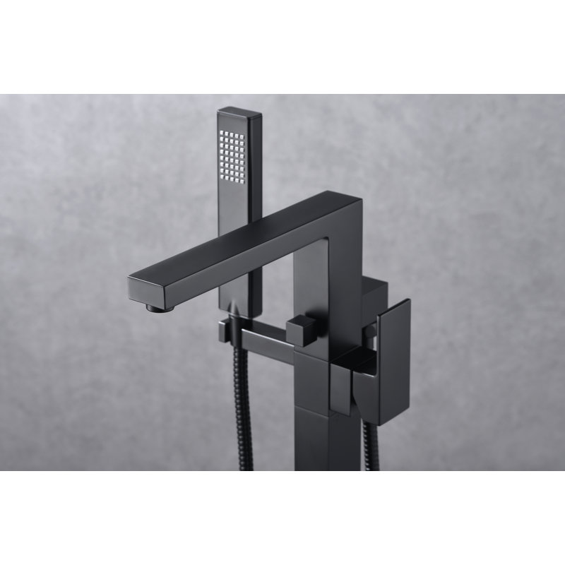 Rift Collection Single Handle Floor Mounted Roman Tub Filler Faucet with Hand Shower - Matte Black, Matte Black