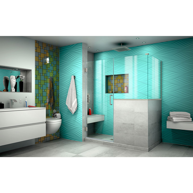 Unidoor Plus 59" W x 30.375" D x 72" H Frameless Pivot Rectangle Shower Enclosure with Fixed Panel, Brushed Nickel