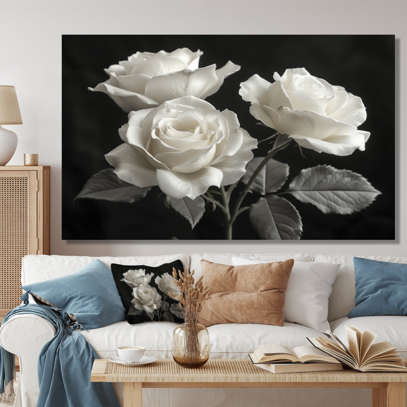 Monochromes en noir et blanc Roses Bloom II - Roses, art mural, Toile tendue, 24" H x 32" W