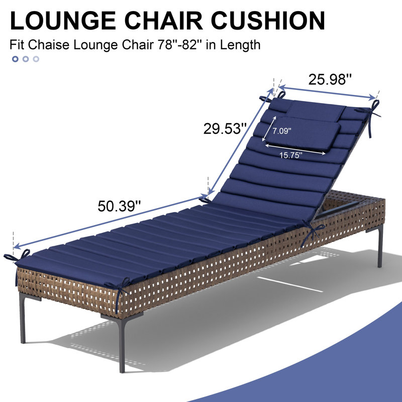 Coussins de chaise longue d'extérieur 80 po x L 26 po avec repose-tête et attaches (ensemble de 2), L 25,98 po x P 79,92 po