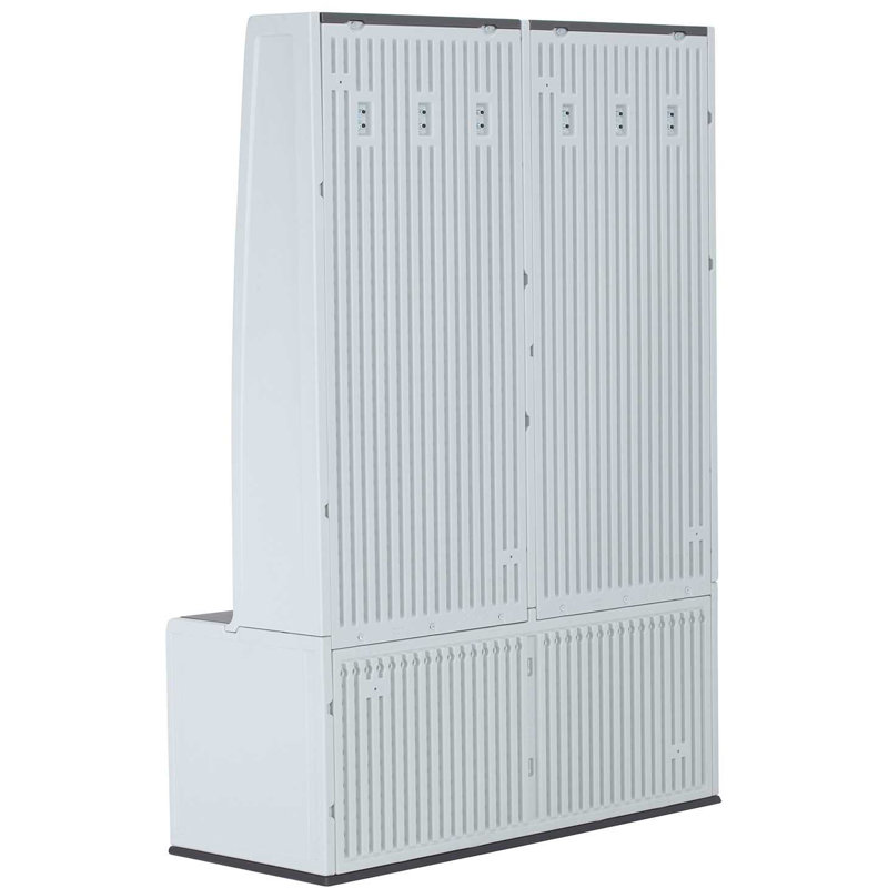 Gray Plastic Double Storage Locker with Bench and Hooks
