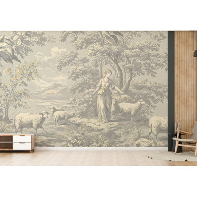 Toile De Jouy Wallpaper In Soft Grey White With Gold Outlining | Vintage Pastoral Peel And Stick Mural | Luxury French Bathroom Decor  (Peel-N-Stick) 