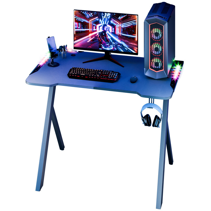 Bureau de jeu avec lumières à DEL RVB, table de jeu en fibre de carbone, grand bureau d'ordinateur de jeu, bureau de poste de travail à pieds en X avec porte-gobelet et crochet pour casque d'écoute