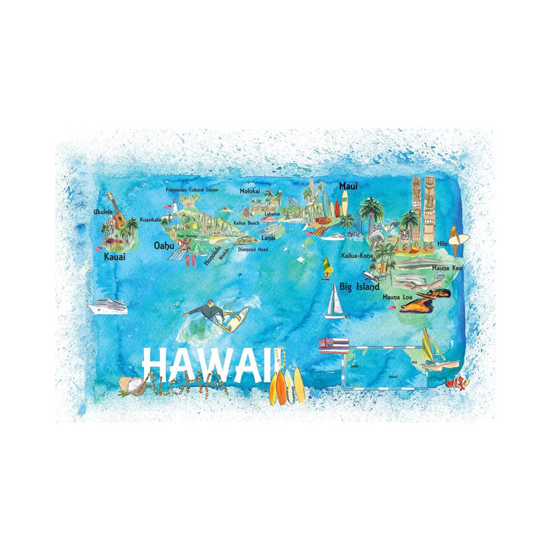 Hawaii USA Illustrated Map With Main Roads Landmarks And Highlights by Markus & Martina Bleichner - Wrapped Canvas Gallery-Wrapped Canvas Giclée