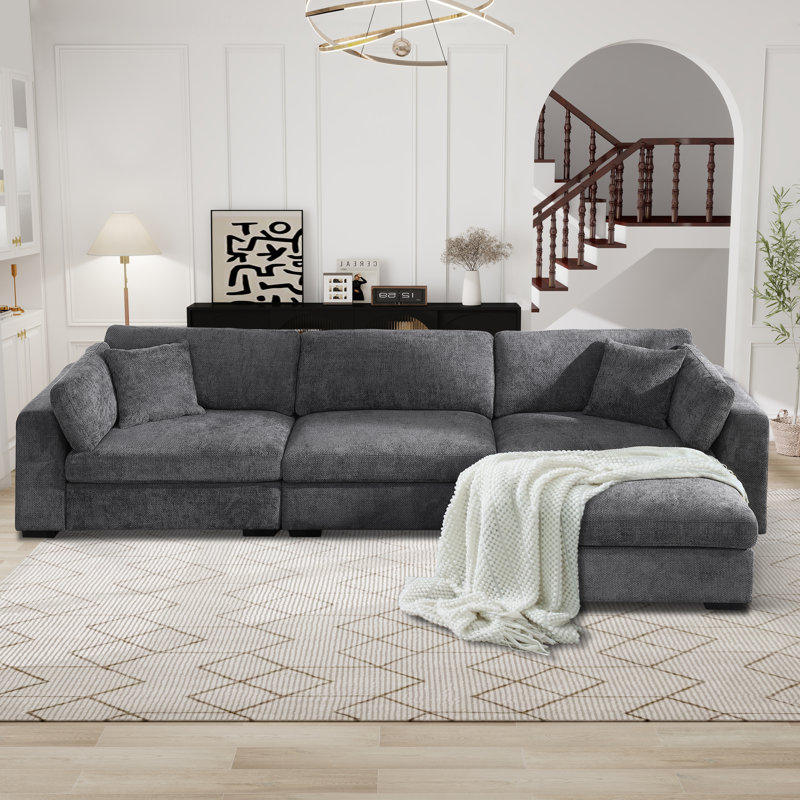 Oversized Modular L-shaped Sectional Sofa With Deep Seat, Wide Ottoman, Dark Gray Polyester Blend