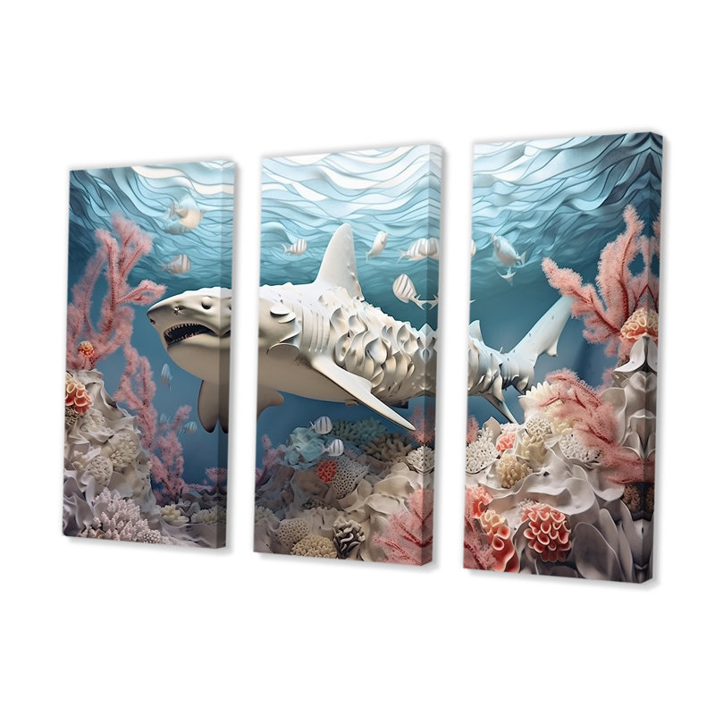 Coral And Sharks Collage Symetry - Coastal Coral Under Water Wall Decor Set, 28" H x 36" W