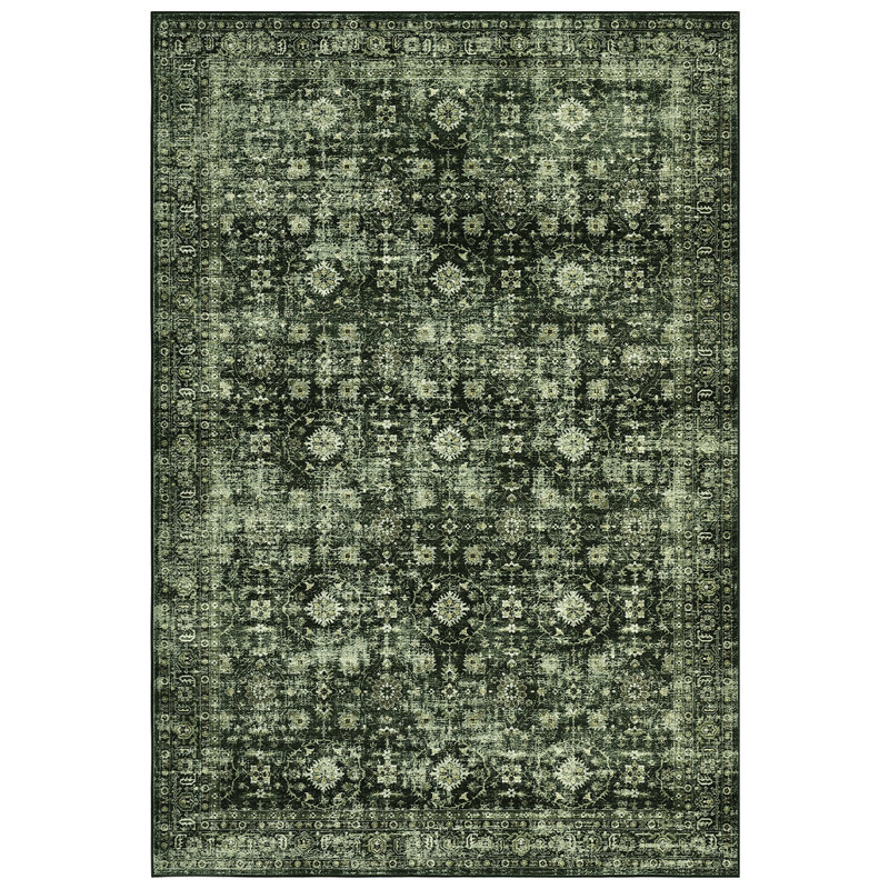 Vintage Area Rug 5 x 7 Washable Floral Print Throw Rug with Non-Slip Backing, Distressed Low Pile Accent Carpet, Stain-Resistant Traditional Floor Cover for Living Room, Bedroom, Green