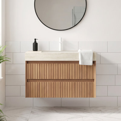 Meuble-lavabo mural moderne de 30 po en chêne brun avec lavabo encastré en céramique, plateau en pierre frittée à motif travertin et 2 tiroirs de rangement (pré-assemblé)