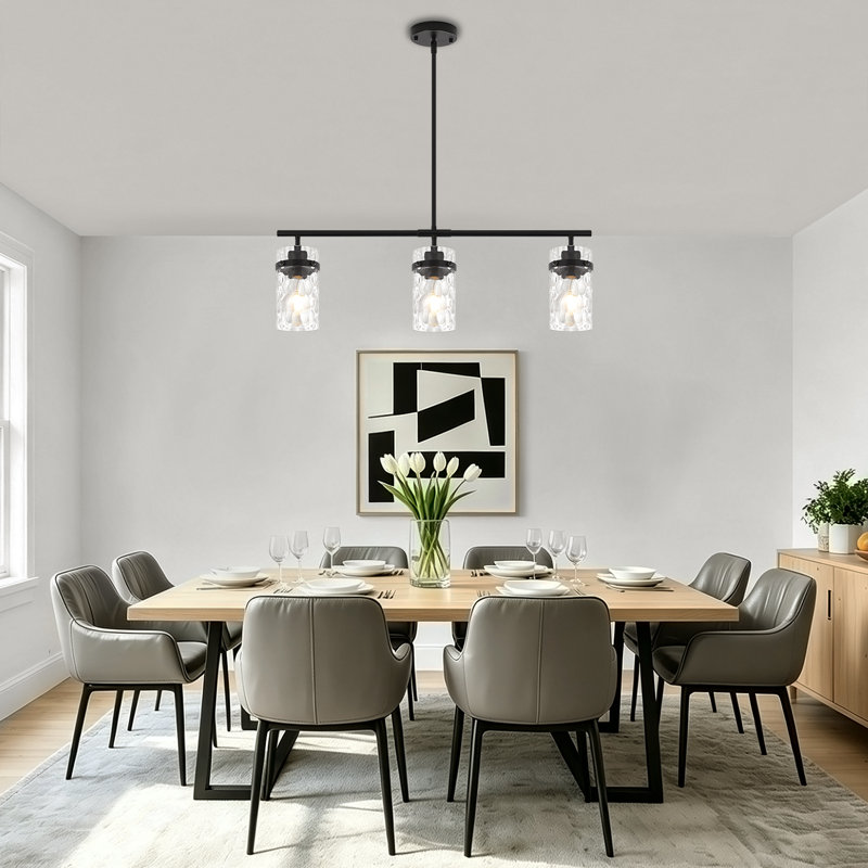 Éclairage d'îlot de cuisine noir, lustre linéaire moderne à 3 lumières avec abat-jour en verre martelé, luminaire suspendu à hauteur réglable de 29,52 po au-dessus de la table