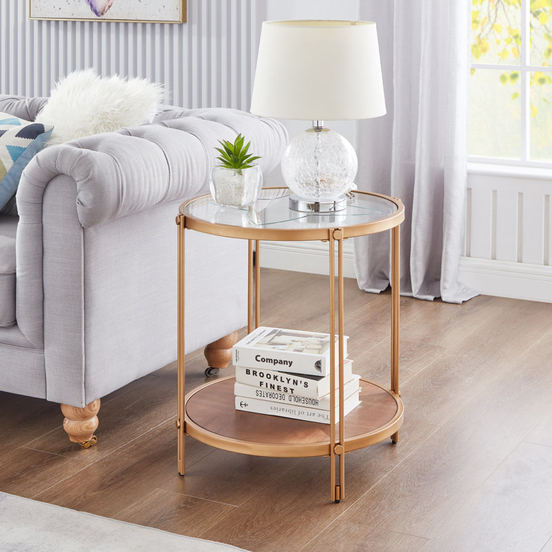 Table de bout moderne en bois avec plateau en verre et structure en métal, Jaune