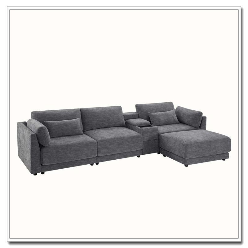 Canapé modulaire en forme de L de 124 po avec console de rangement multifonctionnelle, chargeur câblé et sans fil, repose-pieds mobile, coussin plus large et plus épais, combinaison libre pour le salon et l’appartement