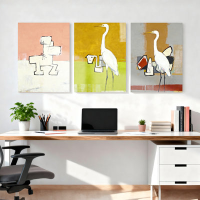 Oiseaux abstraits et formes géométriques sur toile tendue, ensemble de 3 reproductions d'art sur toile pour salon, chambre à coucher ou bureau