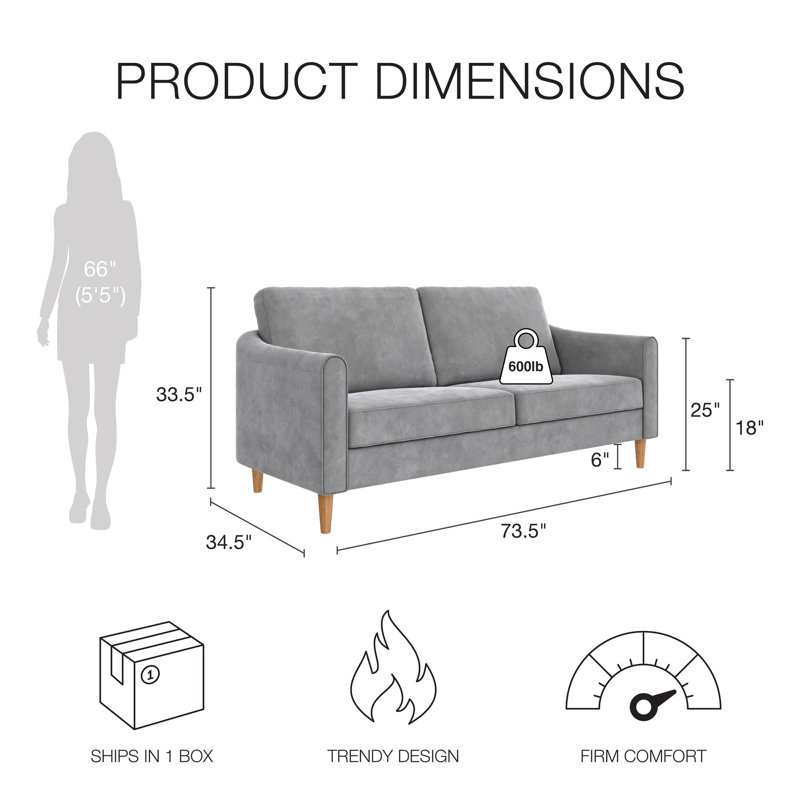 Moon 73.5" Upholstered Sofa with Curved Back, Grey