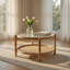 Table basse en rotin, table basse en bambou à 2 niveaux avec plateau en verre et tablette de rangement en rotin en PVC, table basse ronde moderne pour salon, bureau, naturel