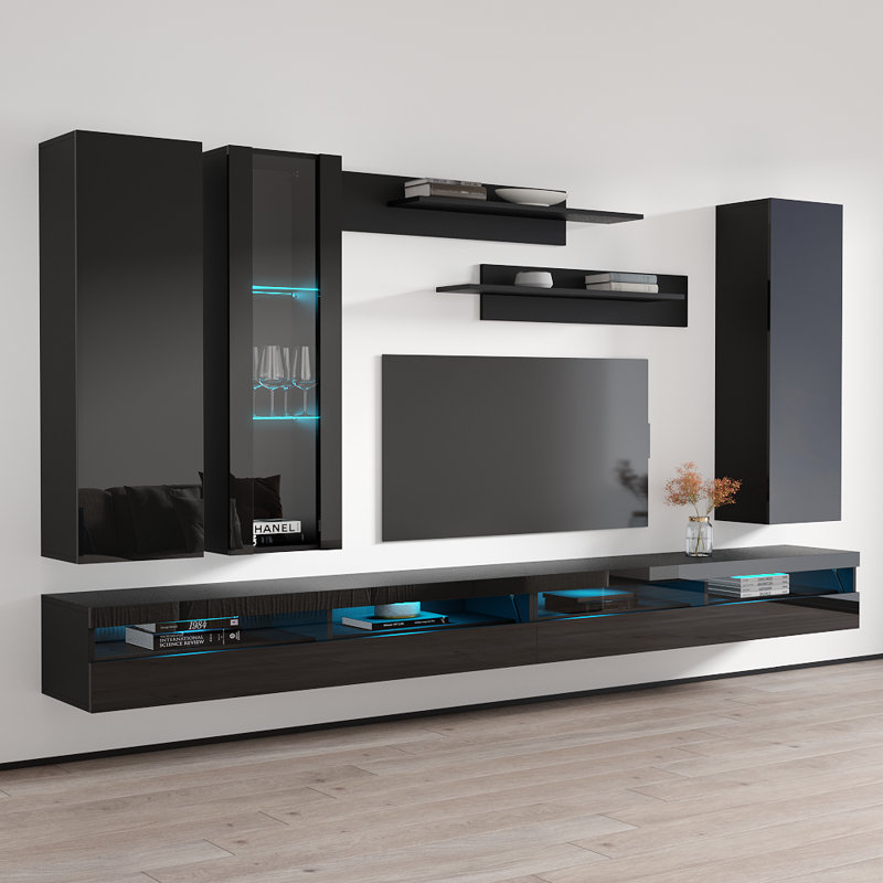 126" Modern Floating Wall Mounted Entertainment Center with 16-Color LED Lighting, High Gloss Finish, Black
