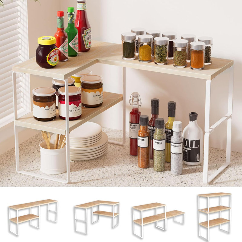 Tablette de coin de comptoir, tablettes de coin empilables réglables à 2 niveaux pour la cuisine, étagère à épices, bar à café, évier, salle de bain, table de commode, support de tablette de coin, beige naturel