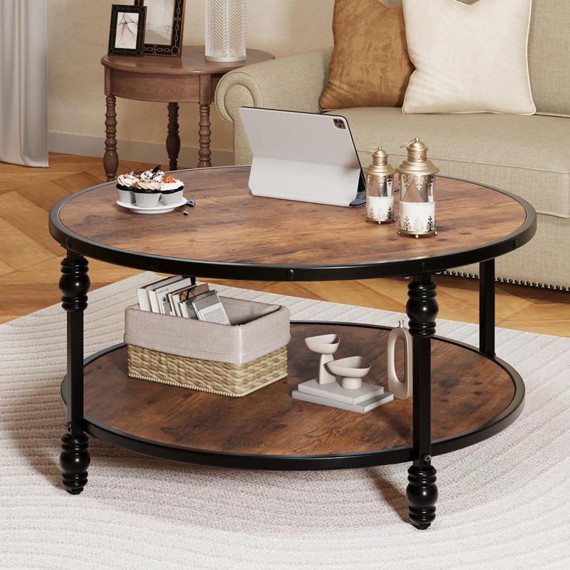 Table basse ronde avec centre de rangement et plateau rond en bois, H 18 po x L 30,31 po x l 30,31 po, Brown
