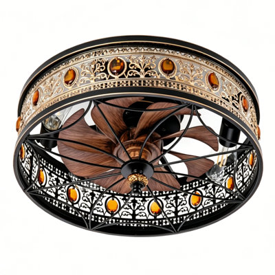 Ventilateur de plafond encastré noir et or 17,7 po Victorian, ventilateur réversible à 6 vitesses avec télécommande et contrôle d'application, décor en cristal, minuterie 1-2H, Fandelier à profil bas pour chambre à coucher