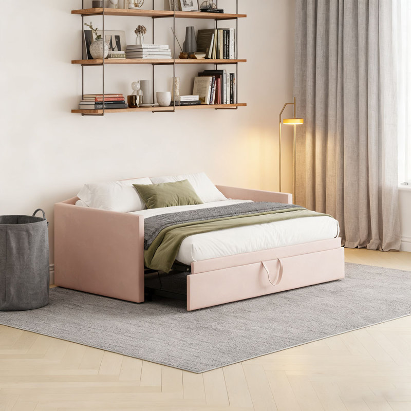 Daybed with Extended Pop Up Trundle, Upholstered Sofa Bed Daybed,, Pink
