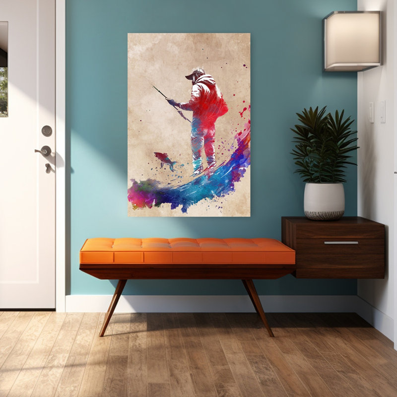 «Vibrant Fishing Splash», art mural contemporain, 48" H x 32" W
