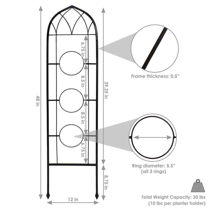 Black Steel Arched Garden Trellis with Flowerpot Supports, Set of 2