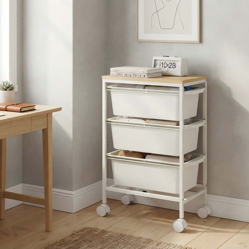 Chariot de rangement mince avec 3 tiroirs et plateau en bois