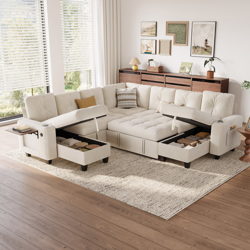 Canapé d'angle modulaire capitonné Bennett 107 po avec canapé-lit gigogne, méridienne de rangement et table d'appoint