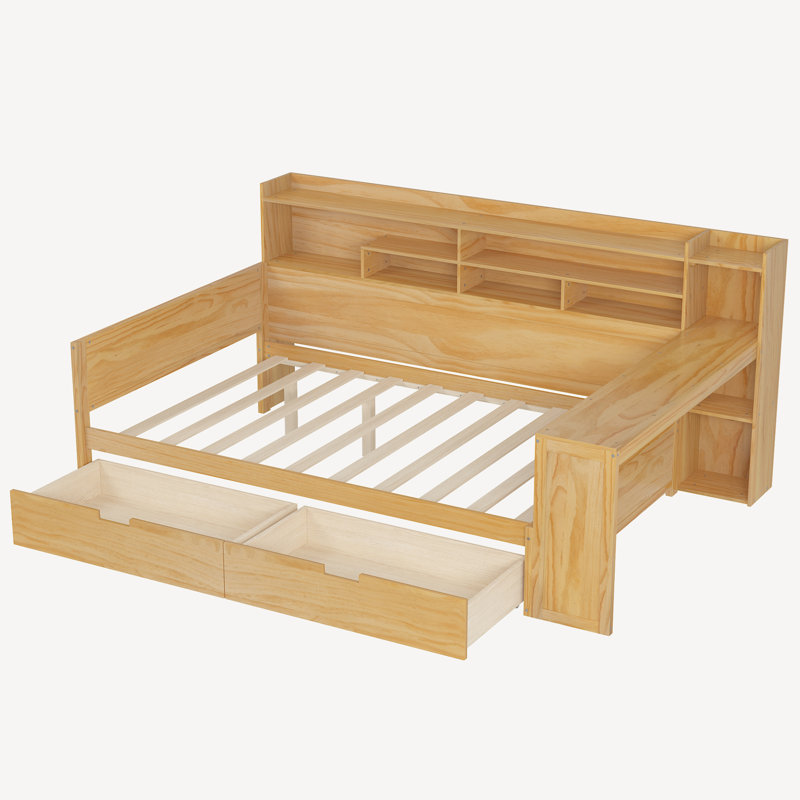Lit de jour en bois avec tablettes de rangement, lit multifonctionnel, Naturel, Complet/Double
