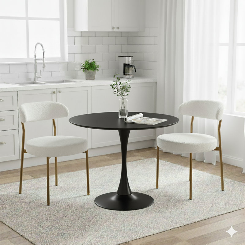 Ensemble de table de salle à manger rond avec 2 chaises, Noir, Blanc / Doré