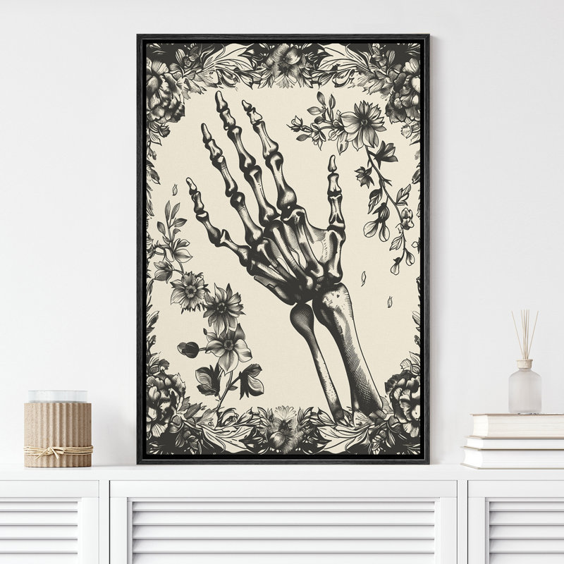 Crâne à la main, croquis de Moody, animaux gothiques foncés, œuvres d'art botaniques florales foncées, Noir