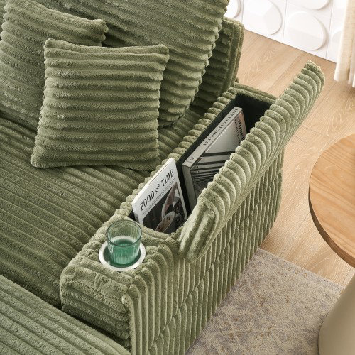 Canapé simple en velours côtelé avec un coussin, deux coussins décoratifs, un repose-pieds et deux espaces de rangement, Vert