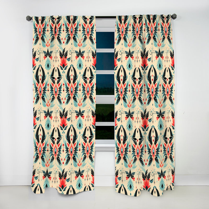 Corail et noir rétro Ikat Nostalgia - rideau Ikat - rideau obscurcissant Ikat - 1 panneaux, L 52 po x L 95 po