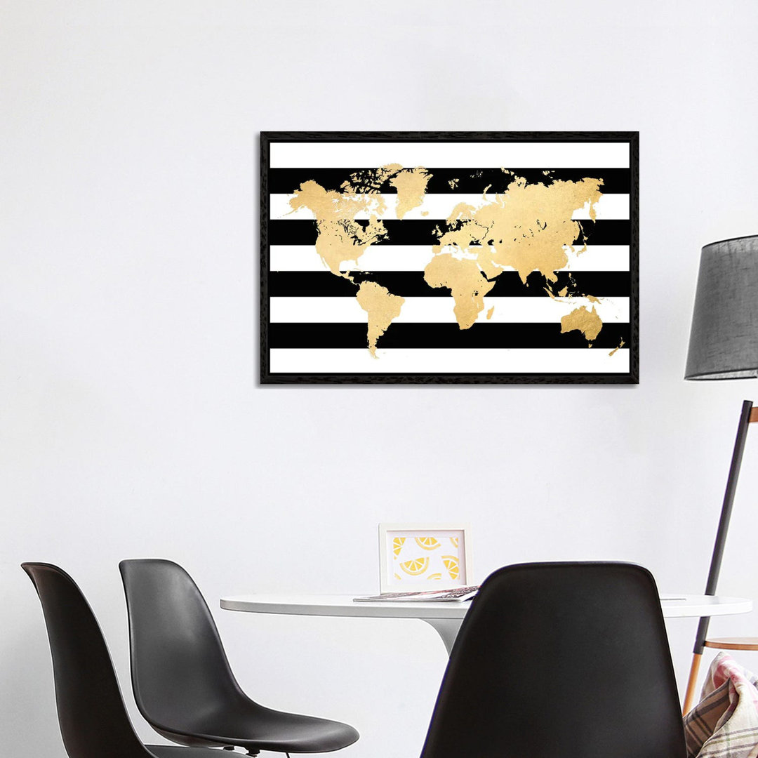 Gold und schwarz-weiß gestreifte Weltkarte von Blursbyai - Galerie- Giclée