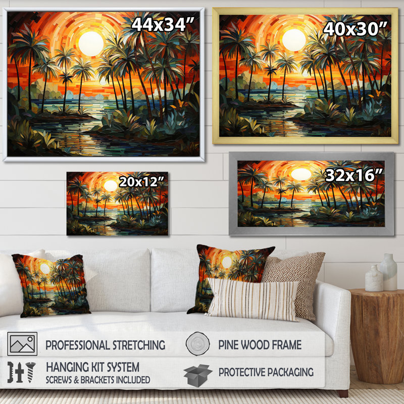 «Orange Palm Trees Mosaic» - impression, H 24 po x l 32 po x P 1 po, Cadre photo noir