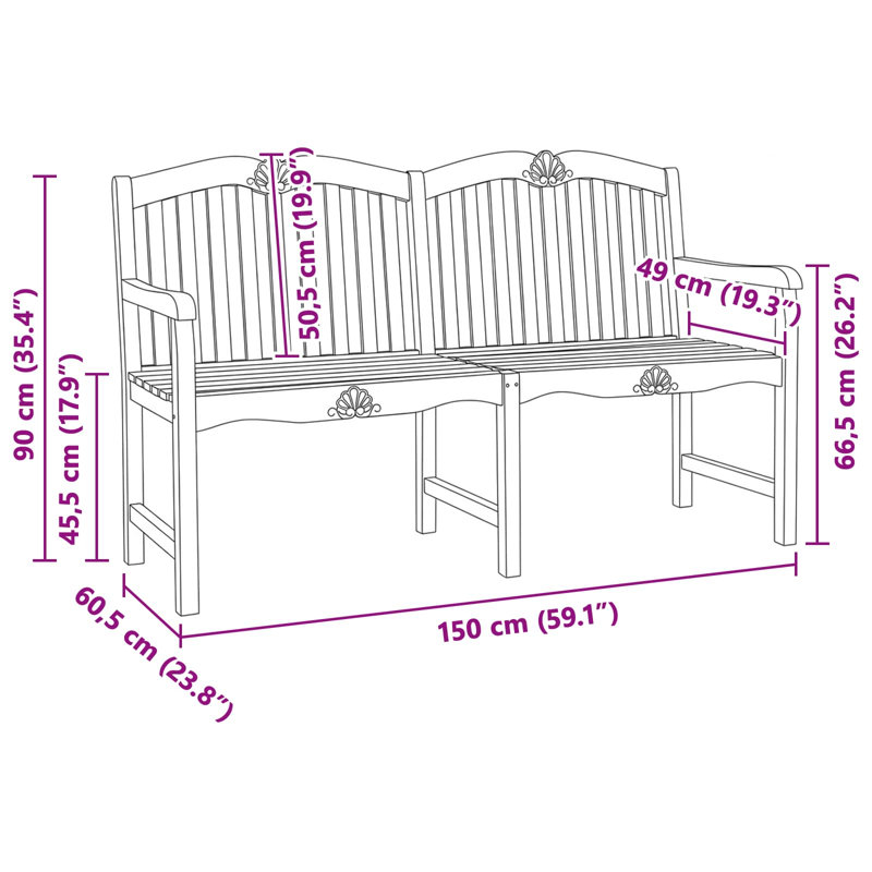 Outdoor Bench, 95cm H x 150cm W x 60.5cm D