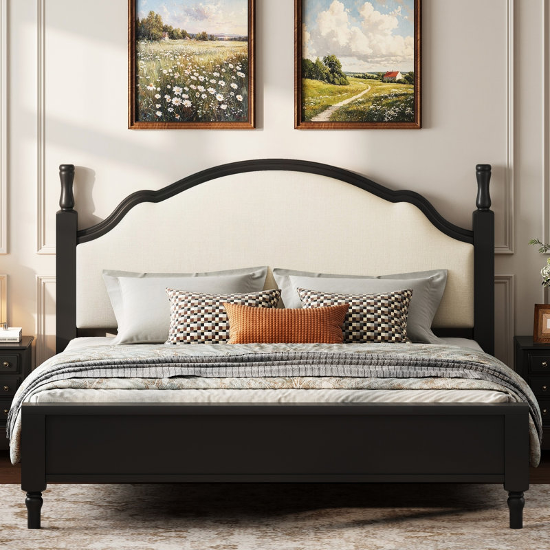 Grand lit plateforme en bois avec tête de lit tapissier, Queen, Beige/Black