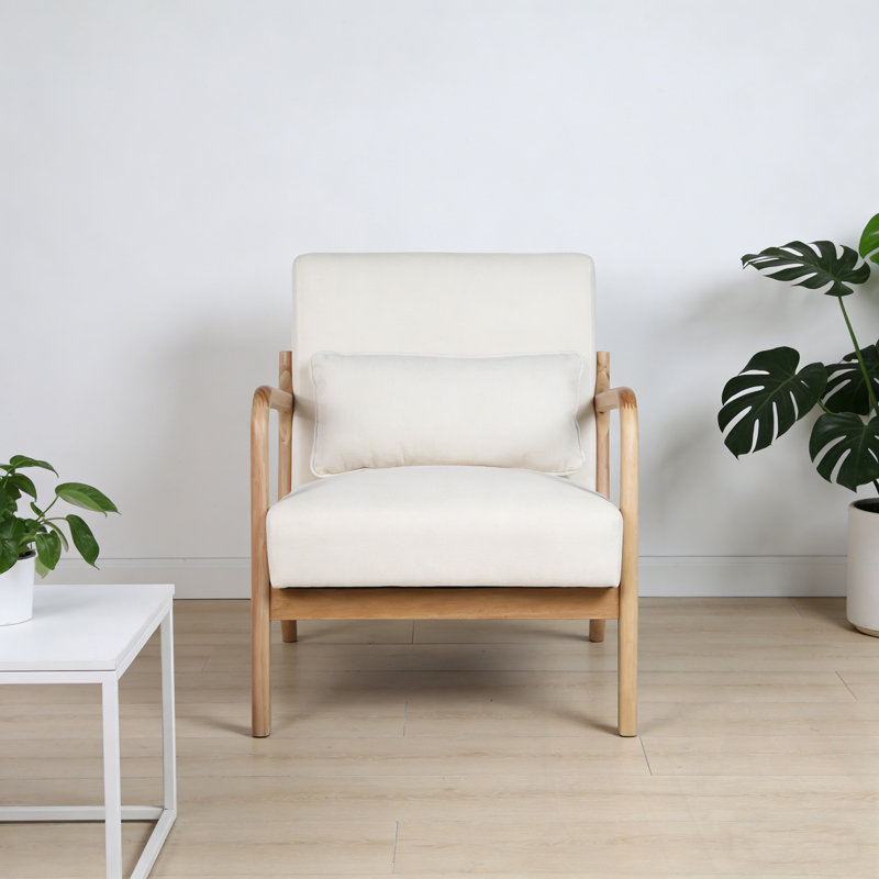Chaise d'appoint avec pieds robustes en bois et coussin lombaire amovible, Beige, Chêne