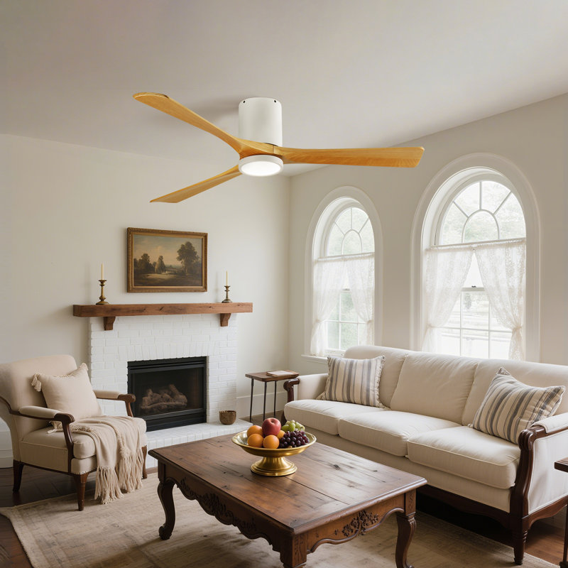 Ventilateur de plafond encastré en bois massif à 3 pales de 42 po avec lumière DEL et télécommande, Naturel, Blanc