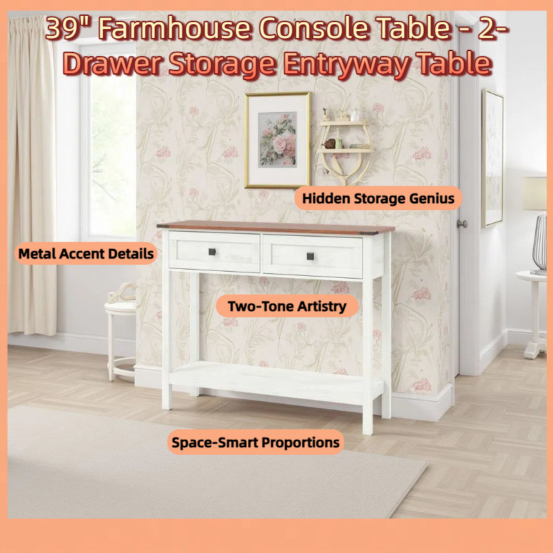 39" Farmhouse Console Table - 2-Drawer Storage Entryway Table (Rustic Sofa Table with Shelf), White