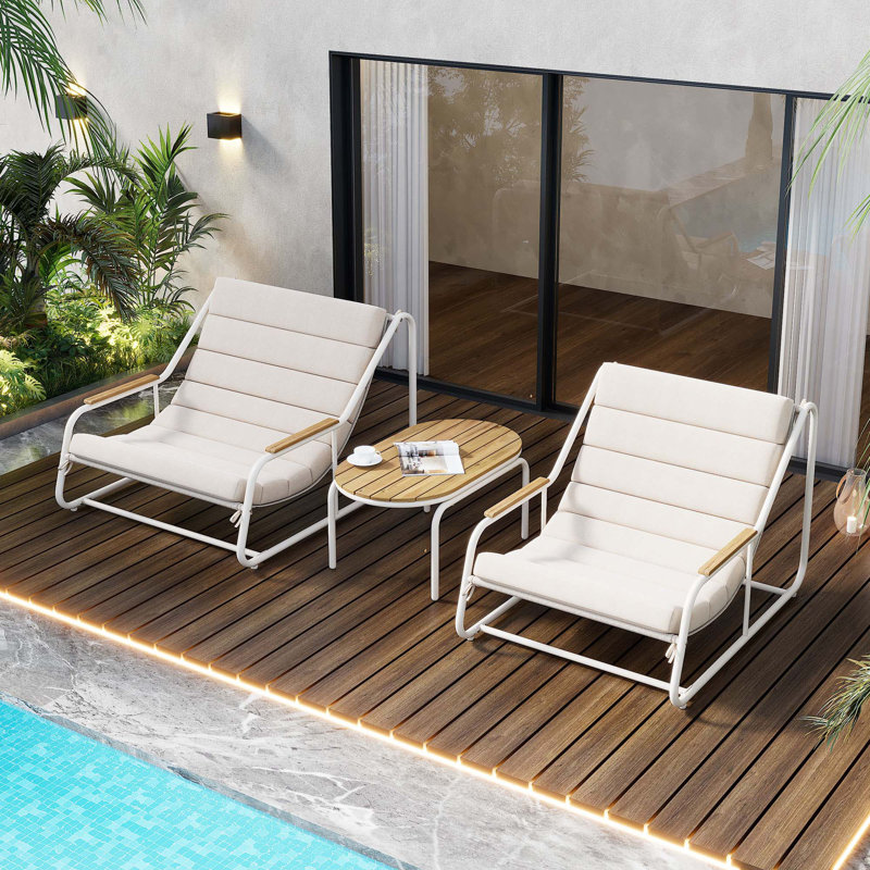 Ensemble de 3 chaises longues de patio avec table d'appoint en acacia, Blanc