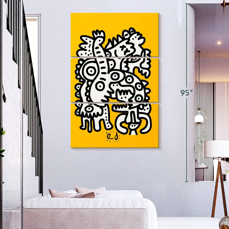 Ashelle graffiti noir et blanc sur fond jaune, H 74 po x l 48 po